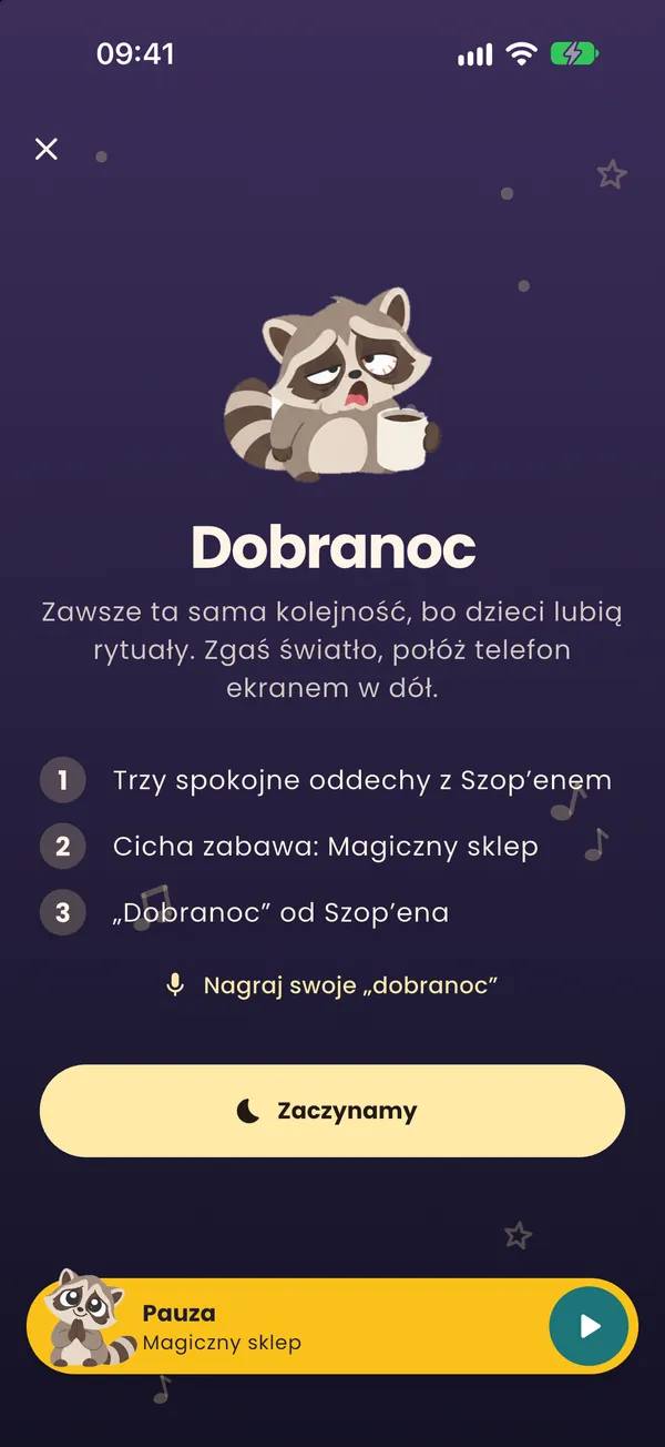 Ekran aplikacji Audiokiddo: Wieczorny rytuał
