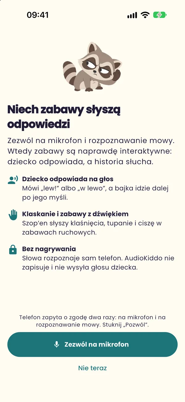 Ekran aplikacji Audiokiddo: Dziecko odpowiada na głos
