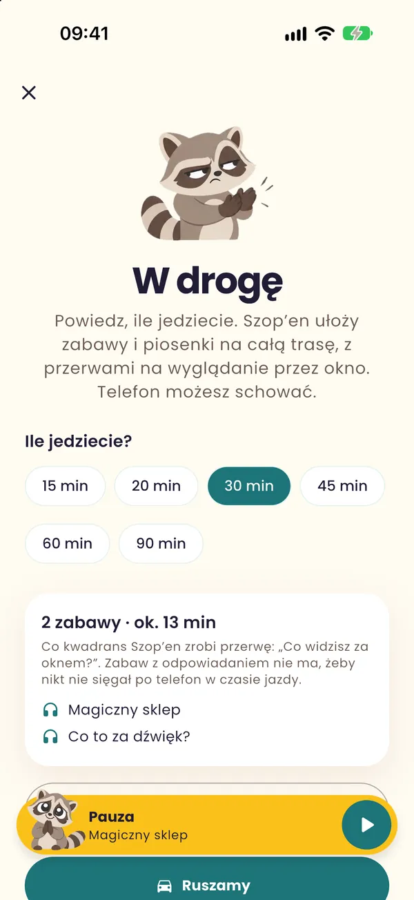 Ekran aplikacji Audiokiddo: Tryb „W drogę”