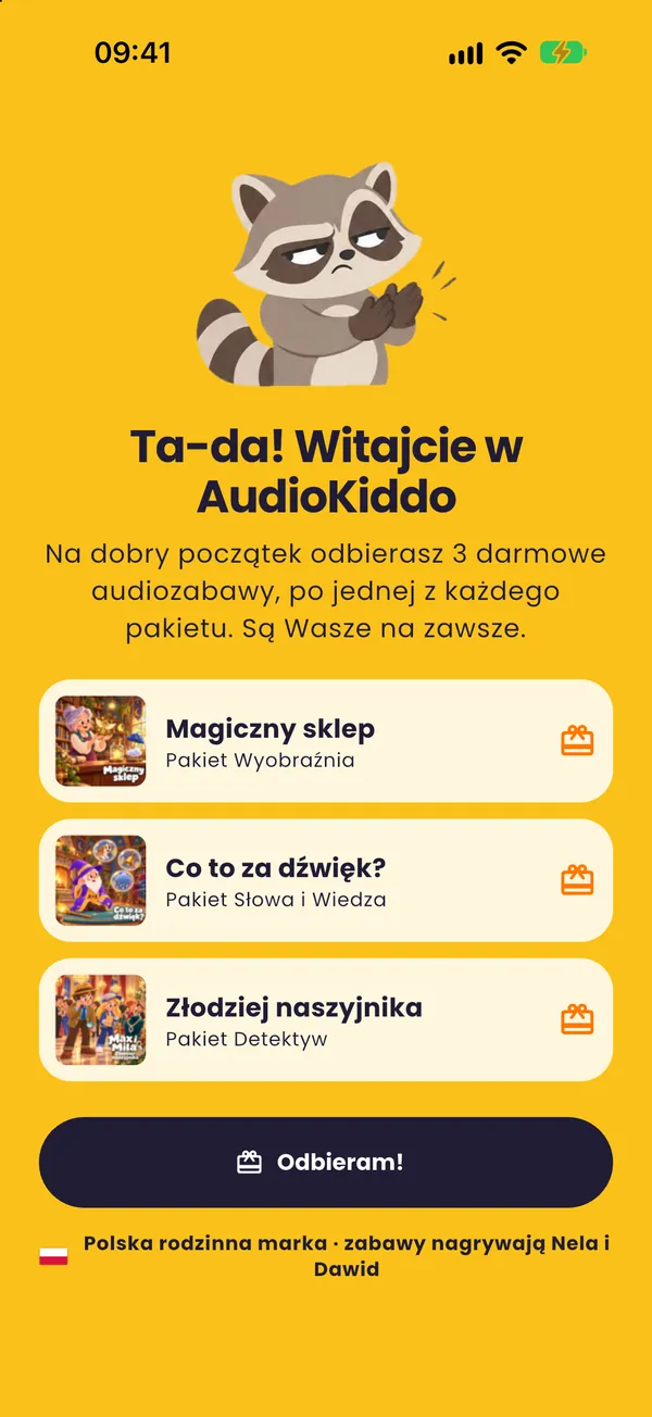 Ekran aplikacji Audiokiddo: Darmowe zabawy na start
