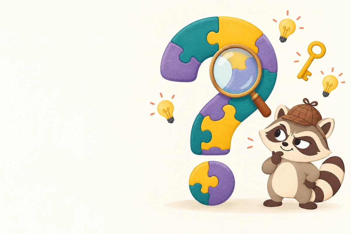 Duży znak zapytania z kolorowych puzzli, lupa i szop Szop’en w kapeluszu detektywa.